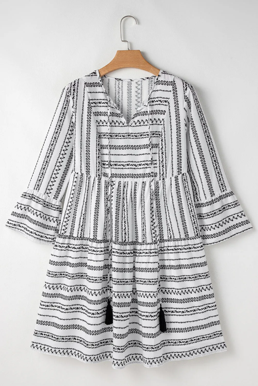 V Neck Mini Dress with Bell Sleeves and Striped Print