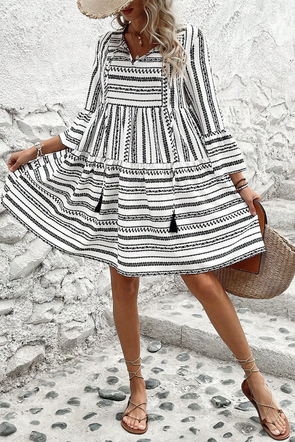 V Neck Mini Dress with Bell Sleeves and Striped Print