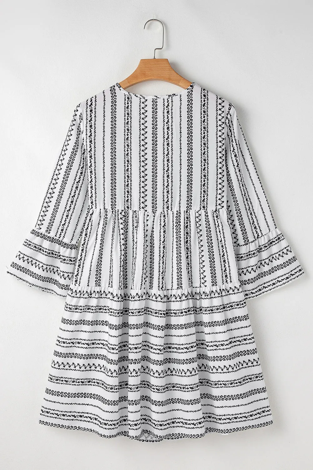 V Neck Mini Dress with Bell Sleeves and Striped Print