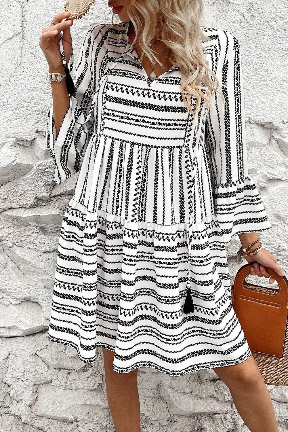 V Neck Mini Dress with Bell Sleeves and Striped Print