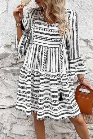 V Neck Mini Dress with Bell Sleeves and Striped Print