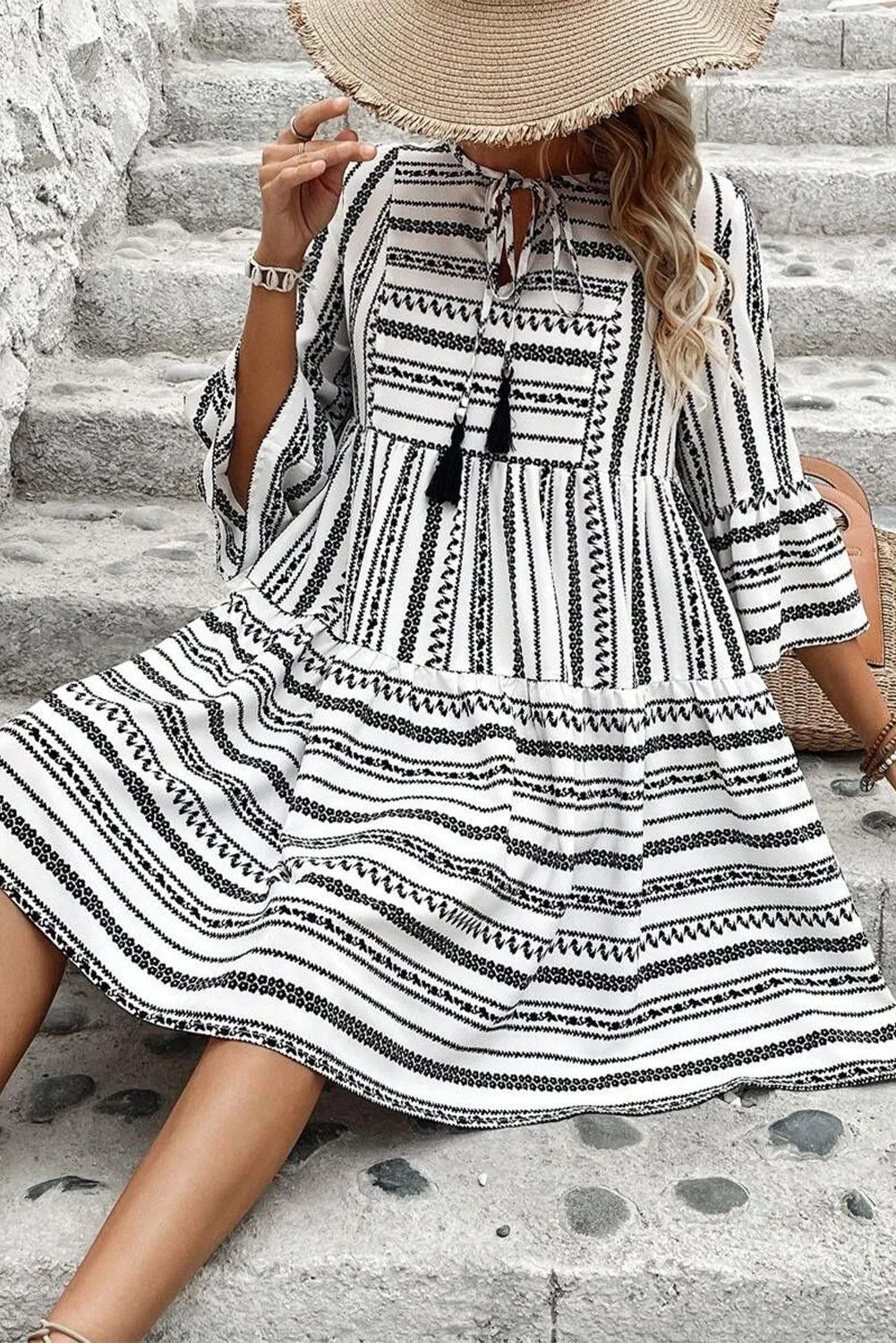 V Neck Mini Dress with Bell Sleeves and Striped Print