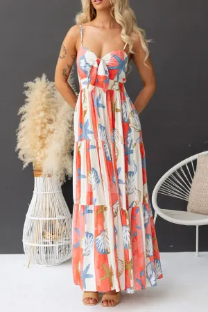 Vacation Graffiti Print Lace Up Contrast V Neck Sling Dresses