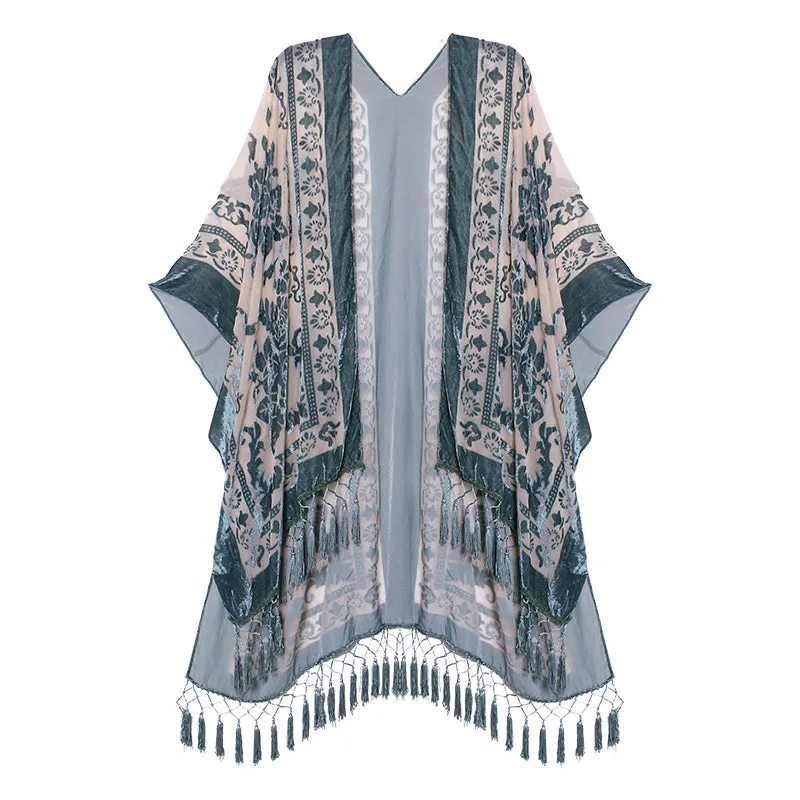 Velvet Mesh Tapestry Kimono: Luxe Tassel Accents
