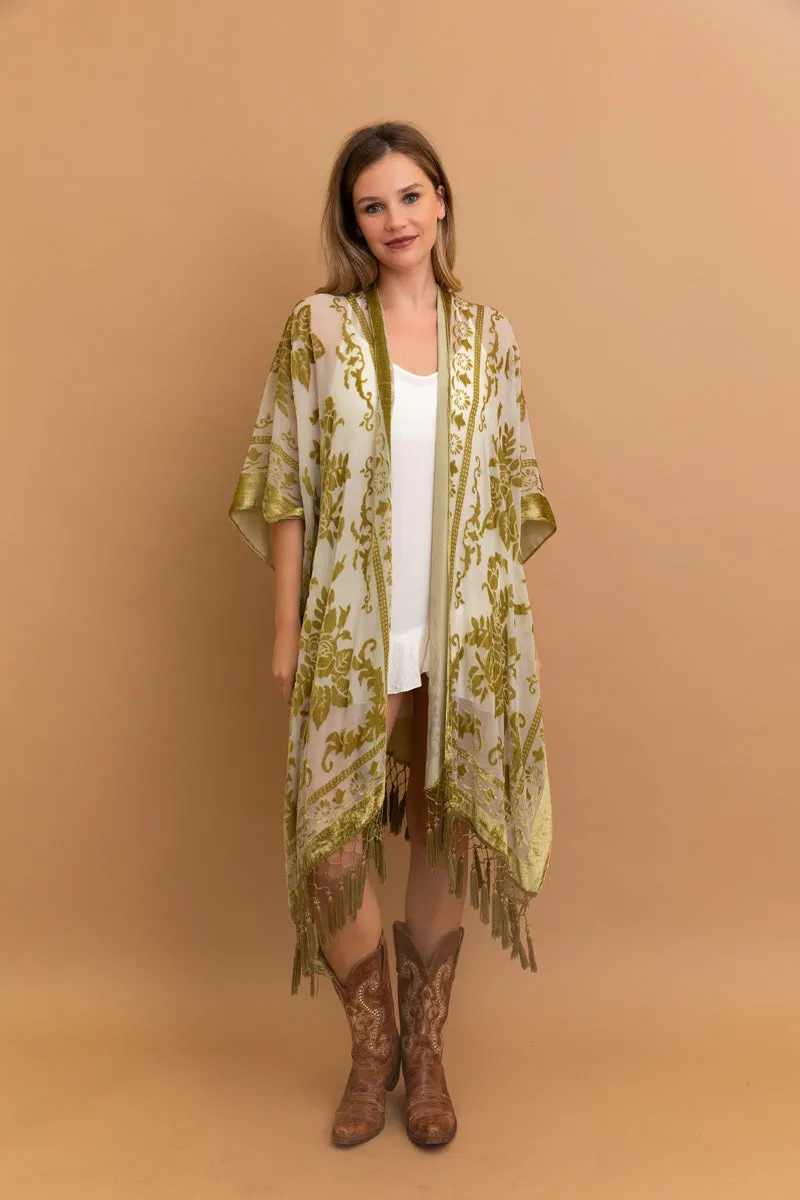 Velvet Mesh Tapestry Kimono: Luxe Tassel Accents