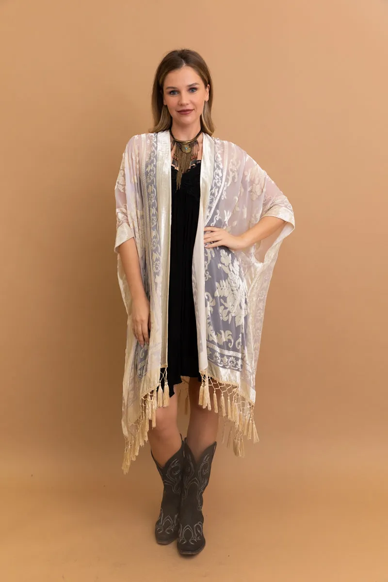 Velvet Mesh Tapestry Kimono: Luxe Tassel Accents