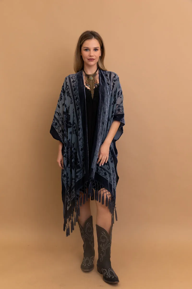 Velvet Mesh Tapestry Kimono: Luxe Tassel Accents