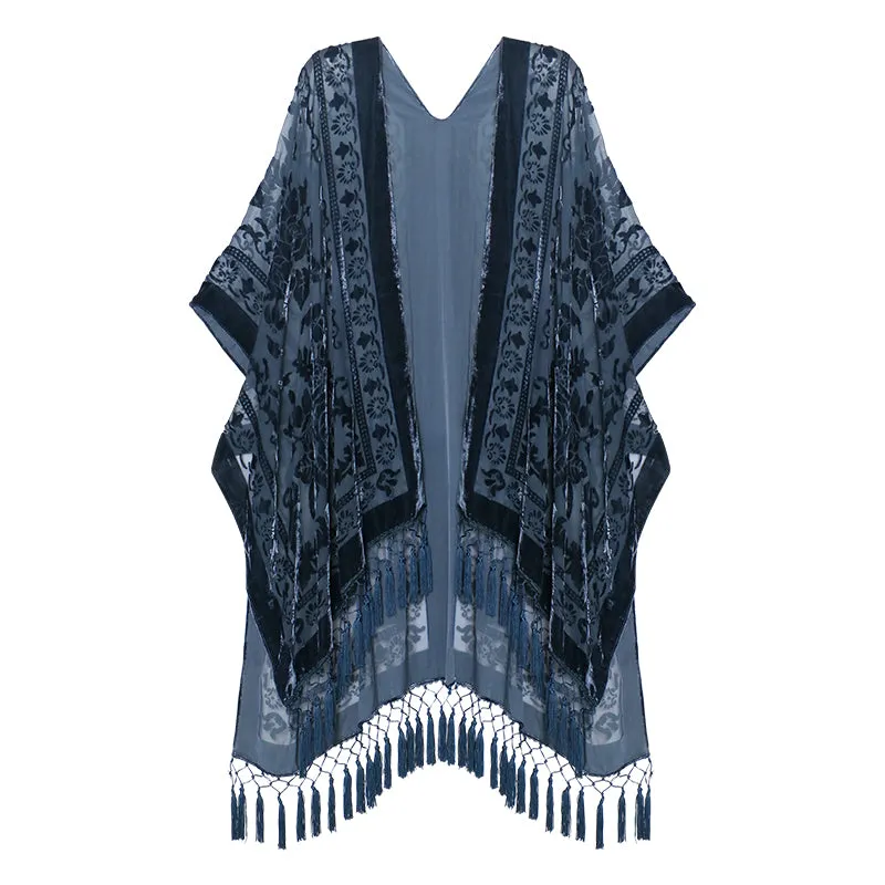 Velvet Mesh Tapestry Kimono: Luxe Tassel Accents