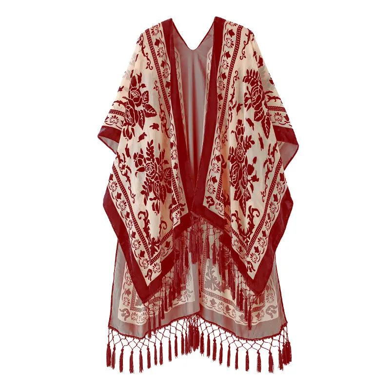 Velvet Mesh Tapestry Kimono: Luxe Tassel Accents