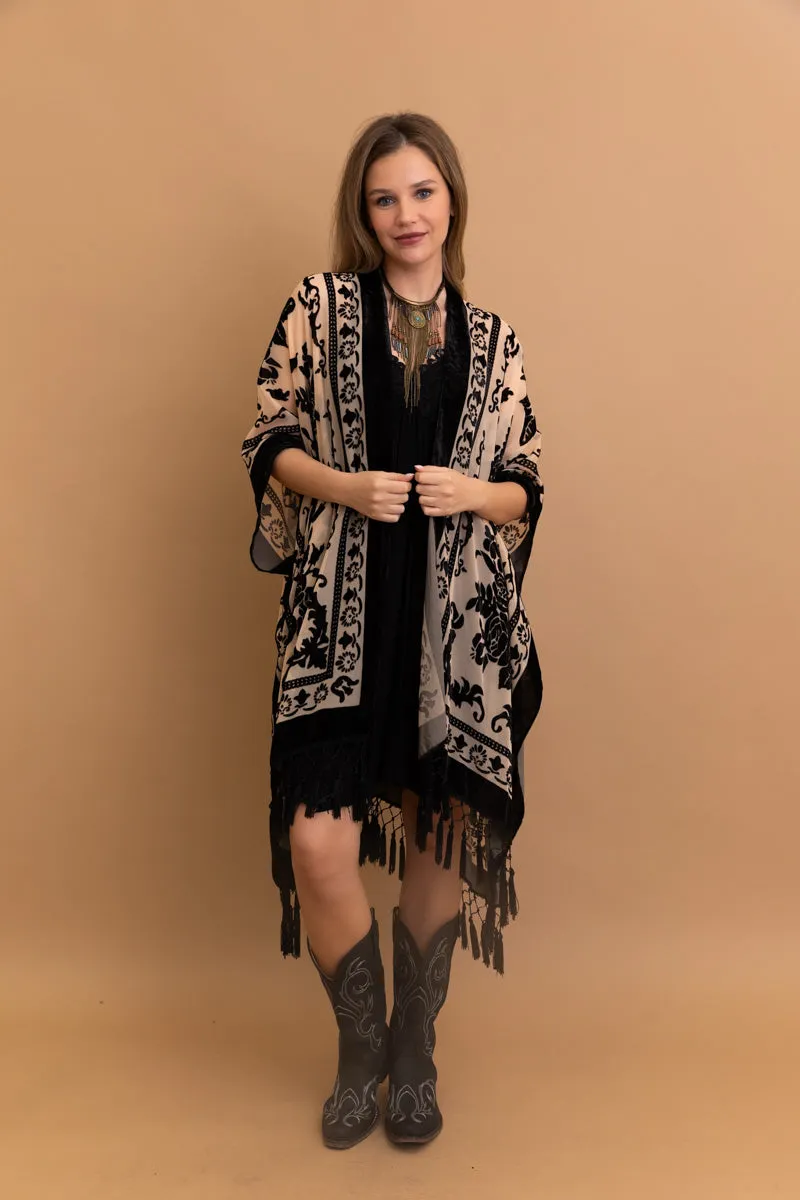 Velvet Mesh Tapestry Kimono: Luxe Tassel Accents