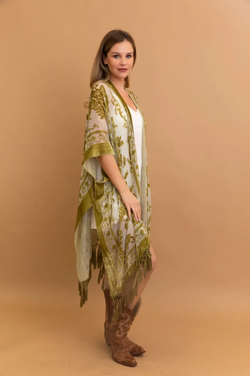 Velvet Mesh Tapestry Kimono: Luxe Tassel Accents