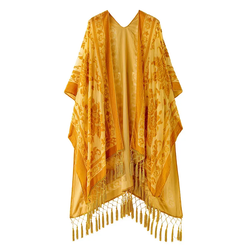 Velvet Mesh Tapestry Kimono: Luxe Tassel Accents