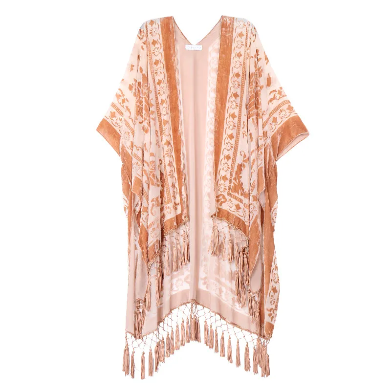 Velvet Mesh Tapestry Kimono: Luxe Tassel Accents