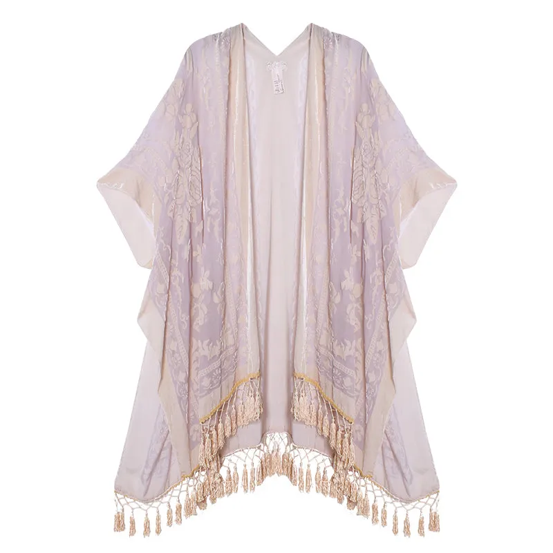 Velvet Mesh Tapestry Kimono: Luxe Tassel Accents