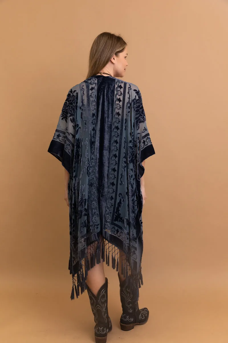 Velvet Mesh Tapestry Kimono: Luxe Tassel Accents