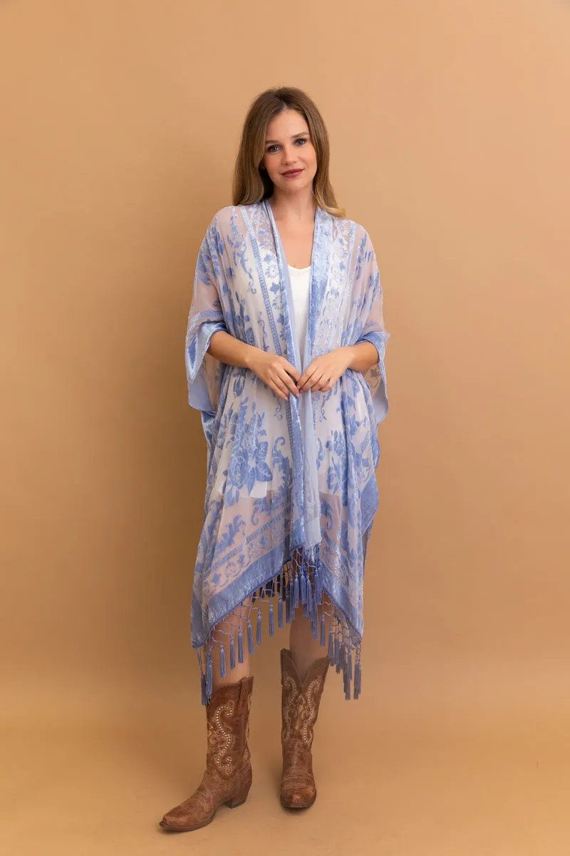 Velvet Mesh Tapestry Kimono: Luxe Tassel Accents