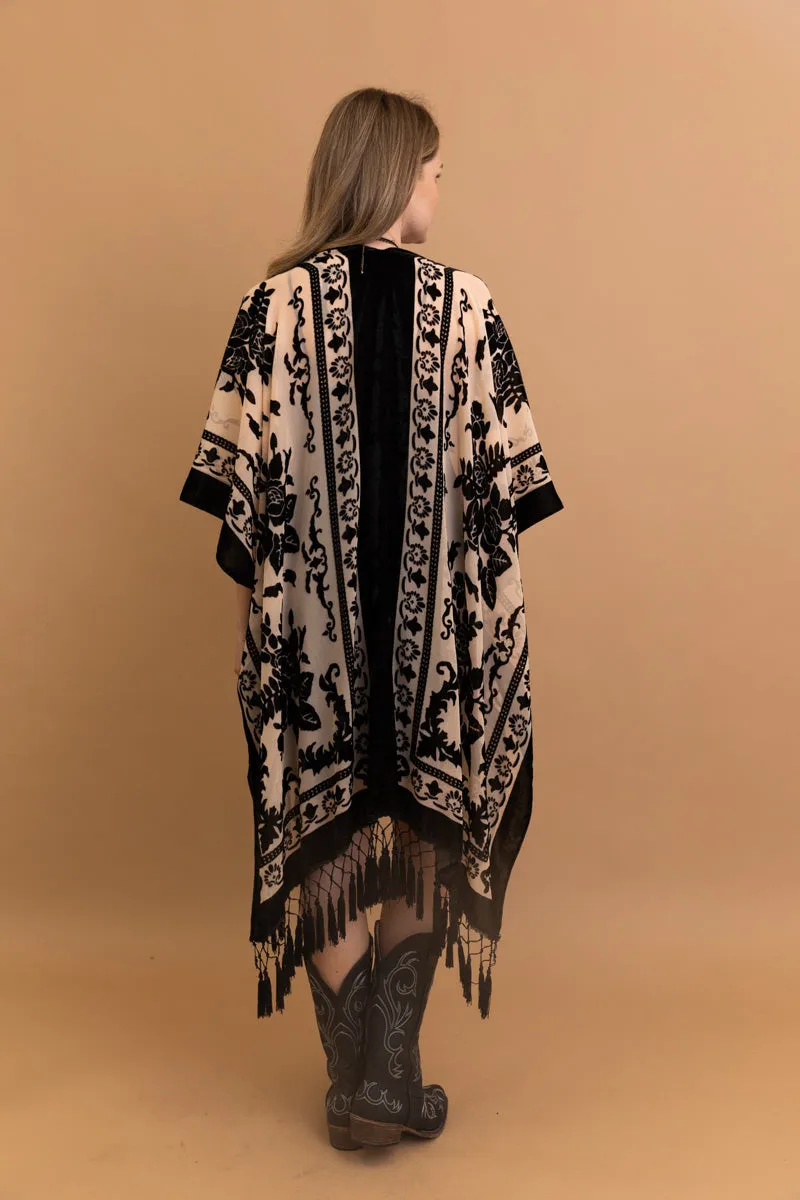 Velvet Mesh Tapestry Kimono: Luxe Tassel Accents