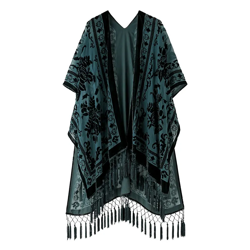 Velvet Mesh Tapestry Kimono: Luxe Tassel Accents