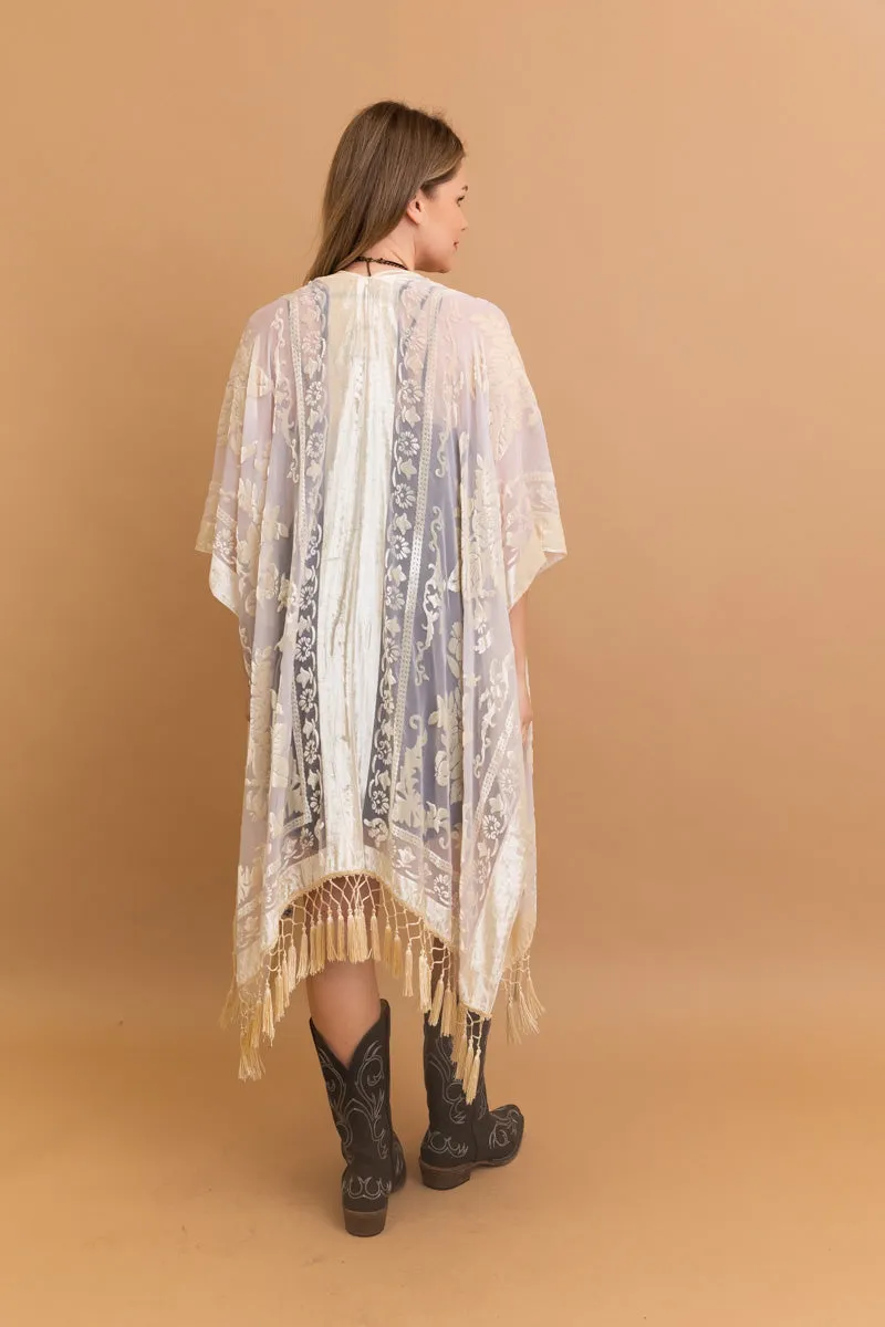 Velvet Mesh Tapestry Kimono: Luxe Tassel Accents