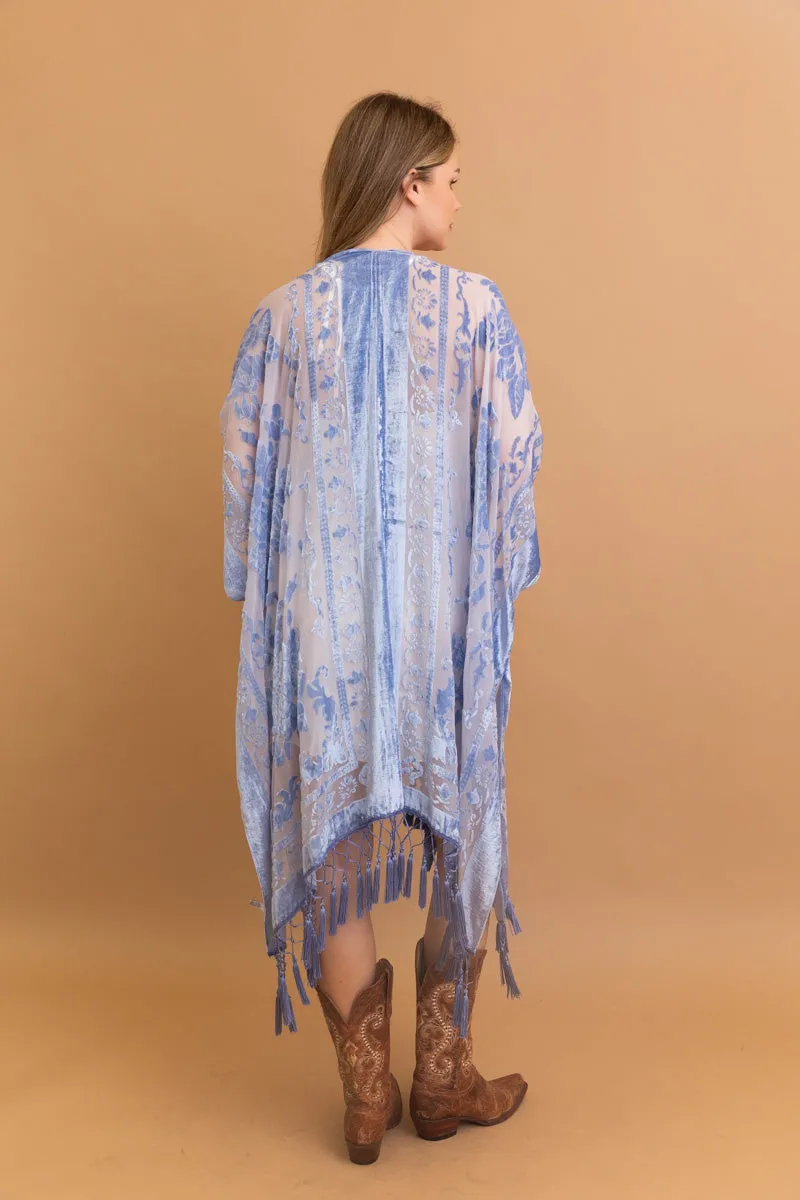 Velvet Mesh Tapestry Kimono: Luxe Tassel Accents
