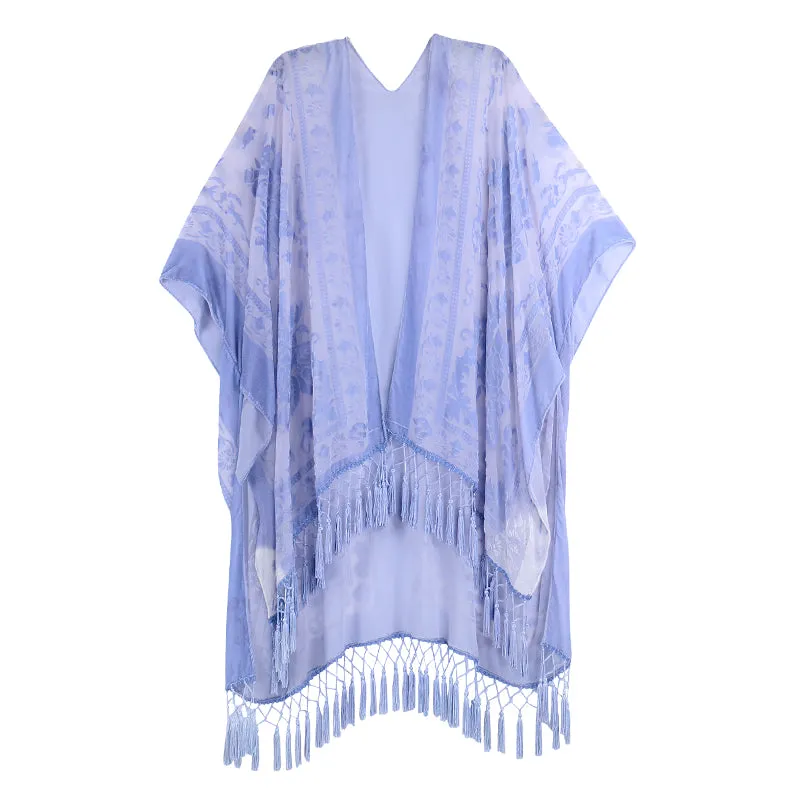 Velvet Mesh Tapestry Kimono: Luxe Tassel Accents