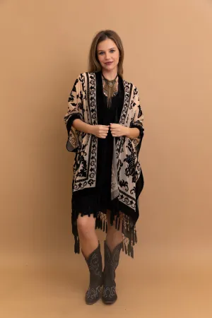Velvet Mesh Tapestry Kimono: Luxe Tassel Accents