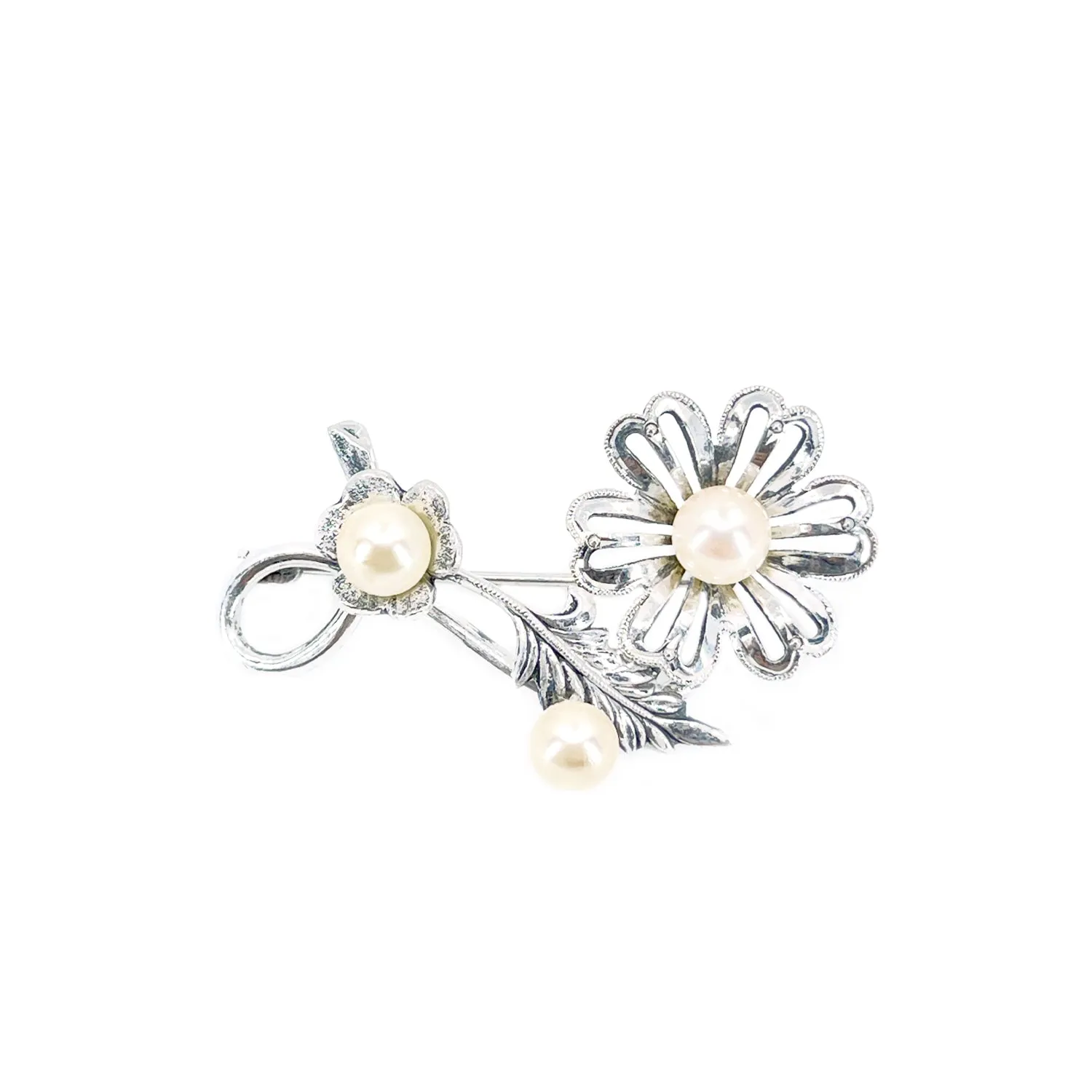 Vintage Bohemian Flower Japanese Akoya Cultured Saltwater Pearl Brooch- Sterling Silver