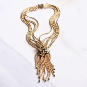 Vintage Emerald Green Rhinestone Tassel Necklace with Braided Rope Chain
