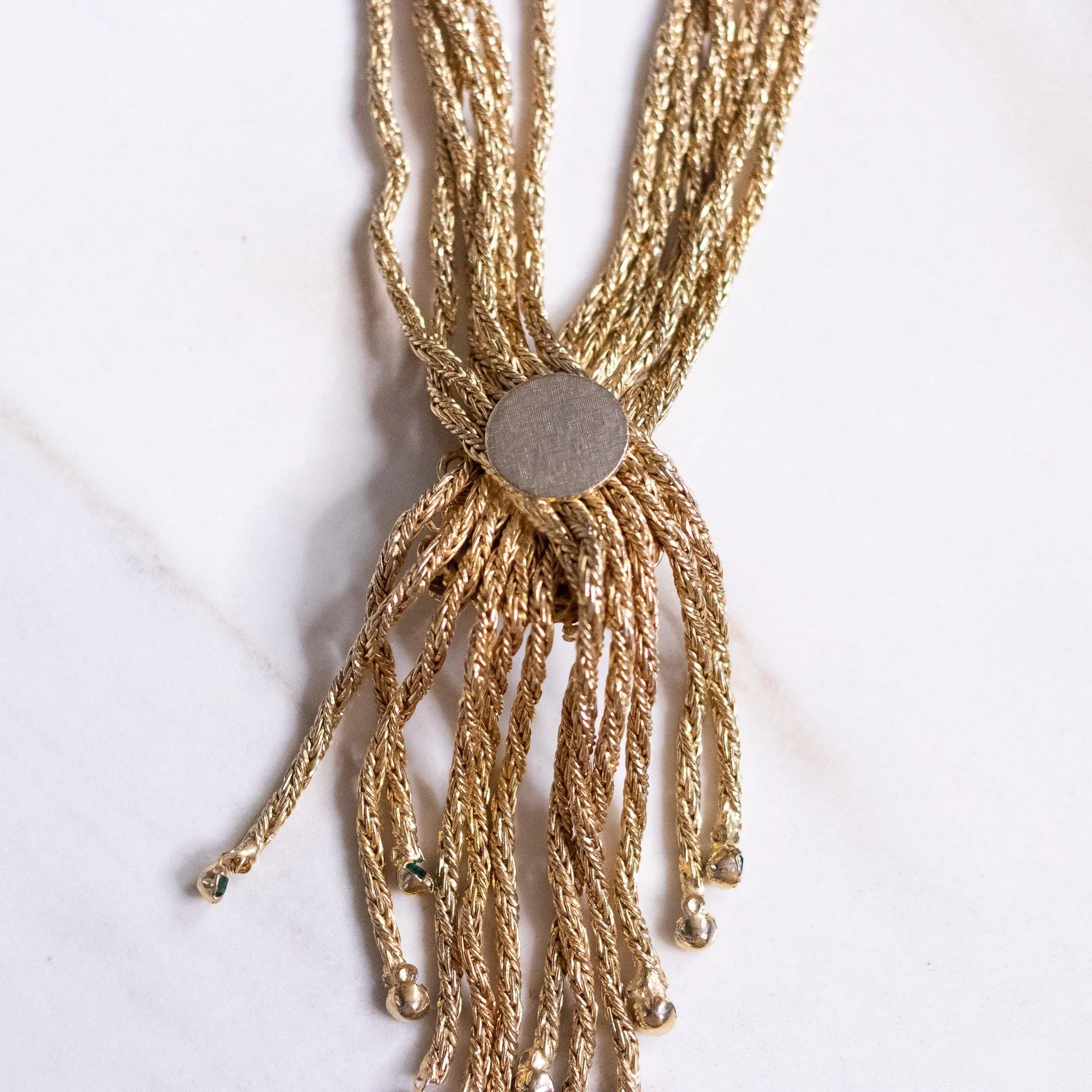 Vintage Emerald Green Rhinestone Tassel Necklace with Braided Rope Chain