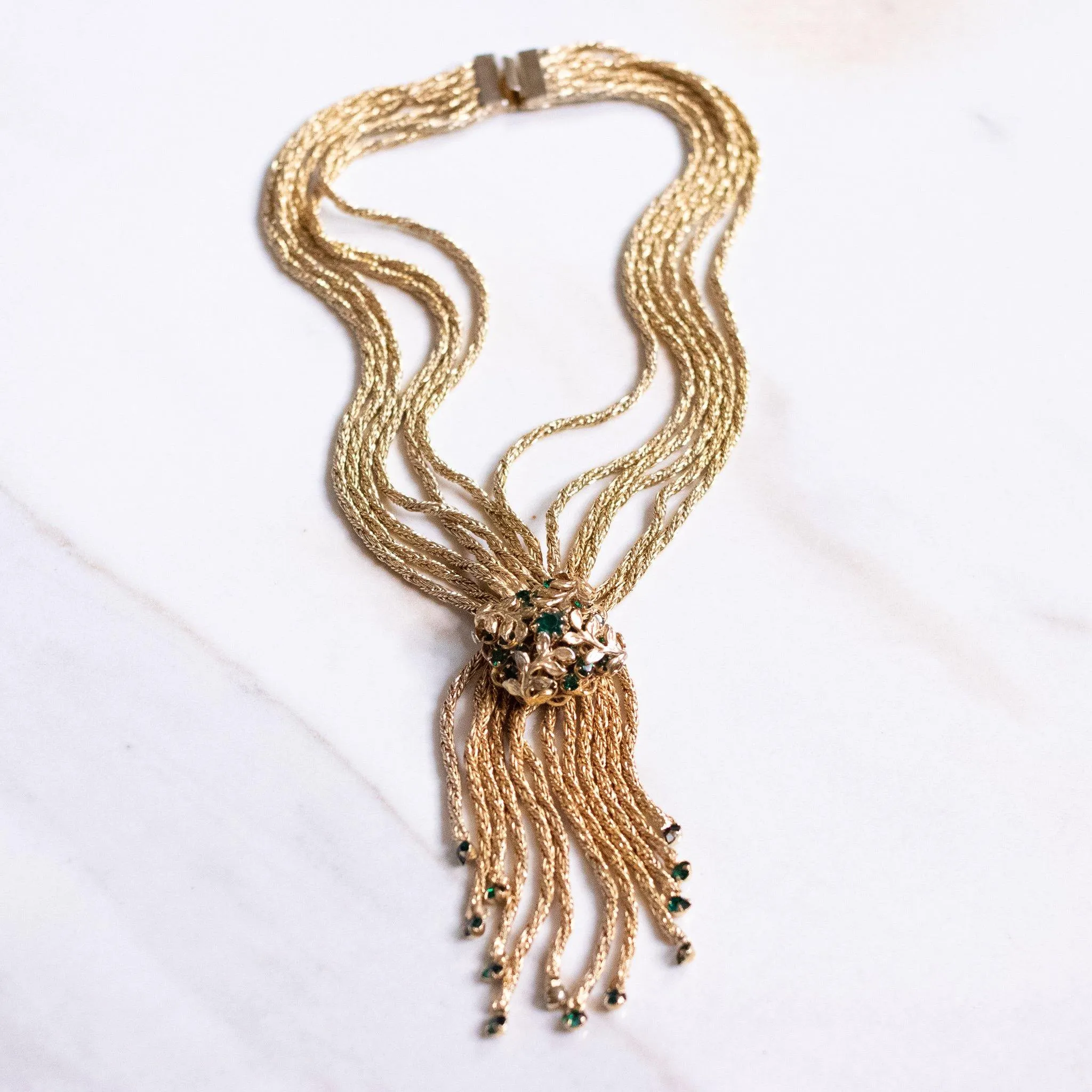 Vintage Emerald Green Rhinestone Tassel Necklace with Braided Rope Chain