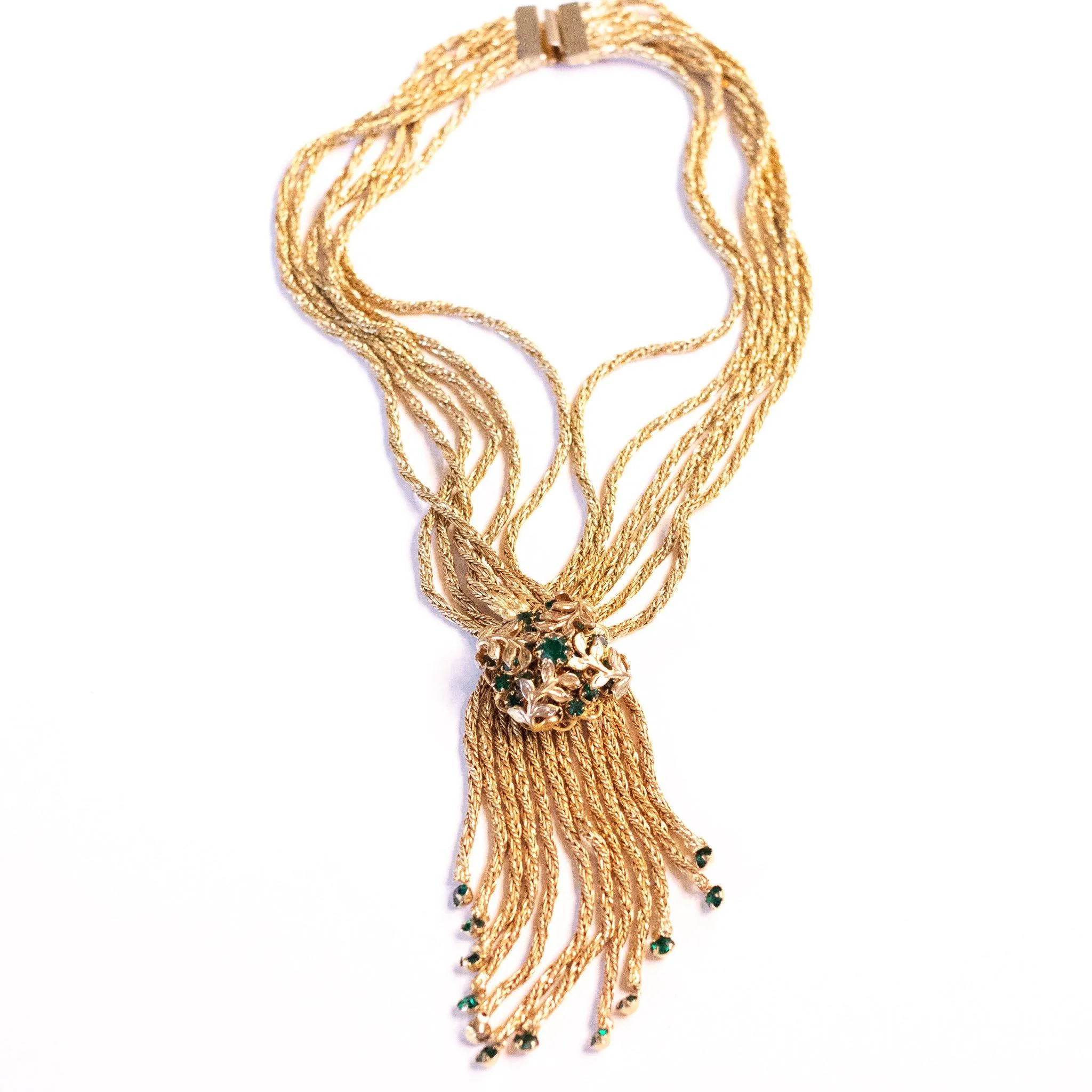 Vintage Emerald Green Rhinestone Tassel Necklace with Braided Rope Chain