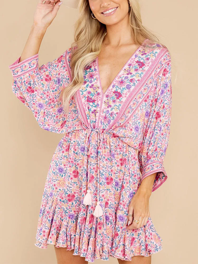 Vintage Floral Print Boho V Neck Batwing Sleeve Mini Dress