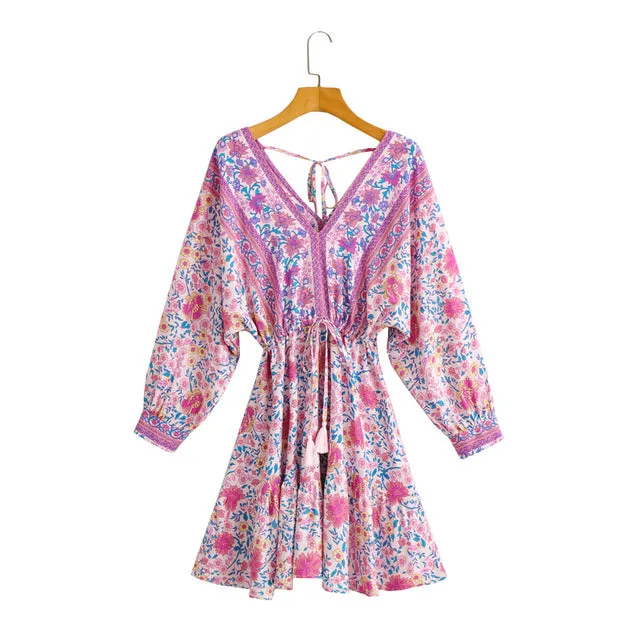 Vintage Floral Print Boho V Neck Batwing Sleeve Mini Dress