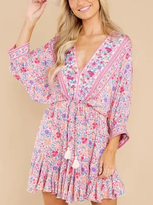 Vintage Floral Print Boho V Neck Batwing Sleeve Mini Dress