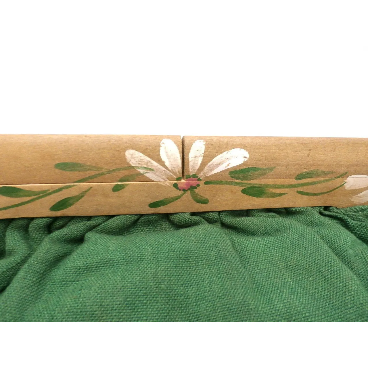 Vintage Green Linen Clutch Purse Hand Painted Wood Frame 1940s