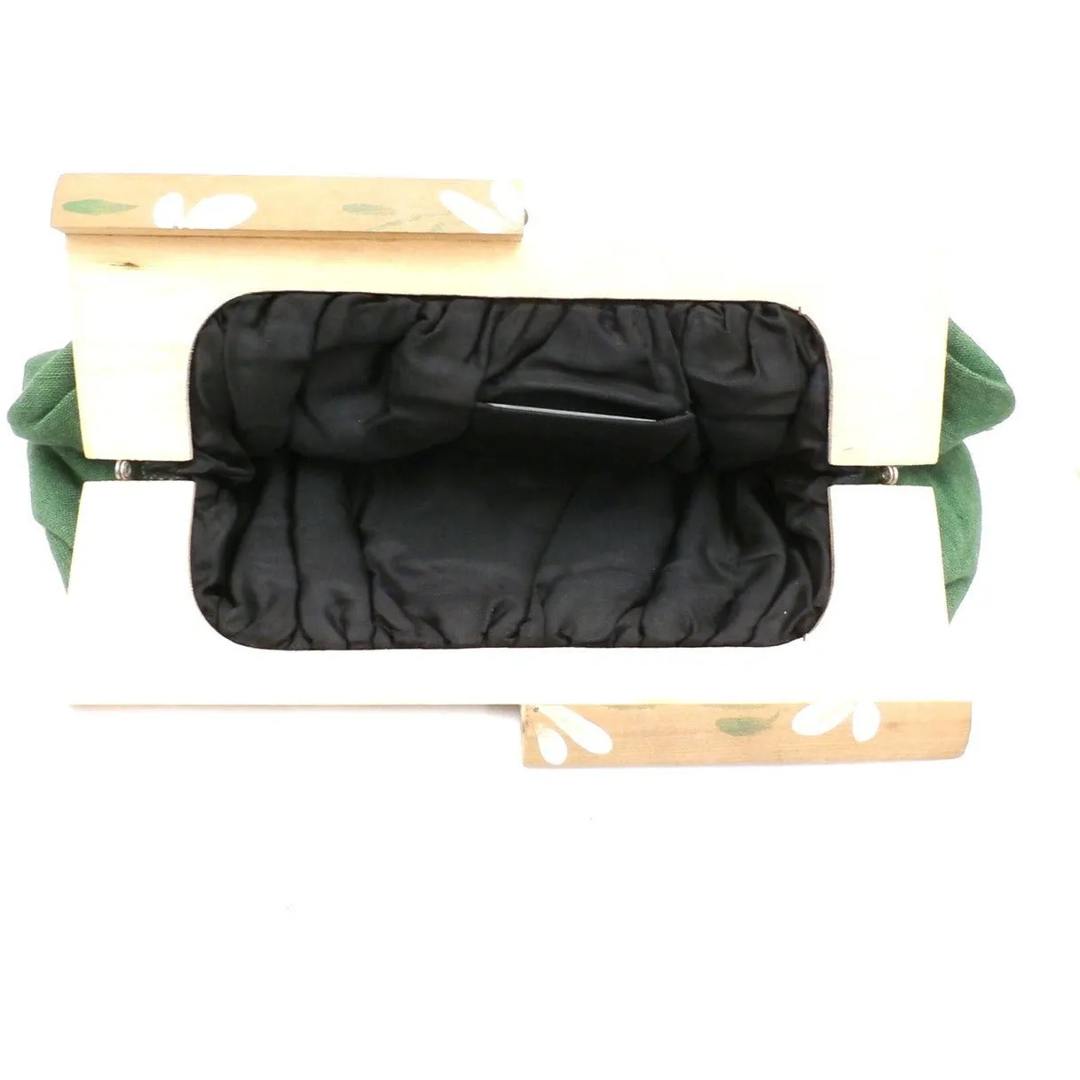 Vintage Green Linen Clutch Purse Hand Painted Wood Frame 1940s