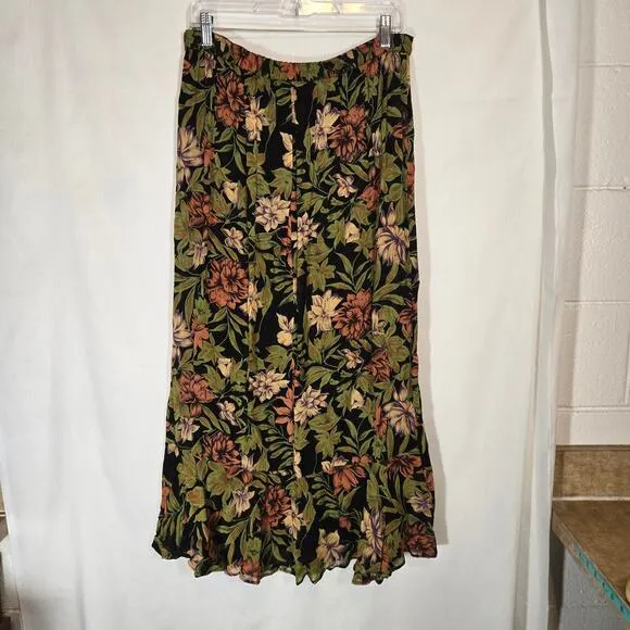 Vintage Indira Floral Midi Skirt Reversable Tropical Bohemian Island Rayon M/L