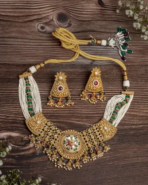 vivinia BY VIDHI MEHRA ISMAARH 2.0 Gold/Green/White Choker Necklace Set with Pair of Earrings