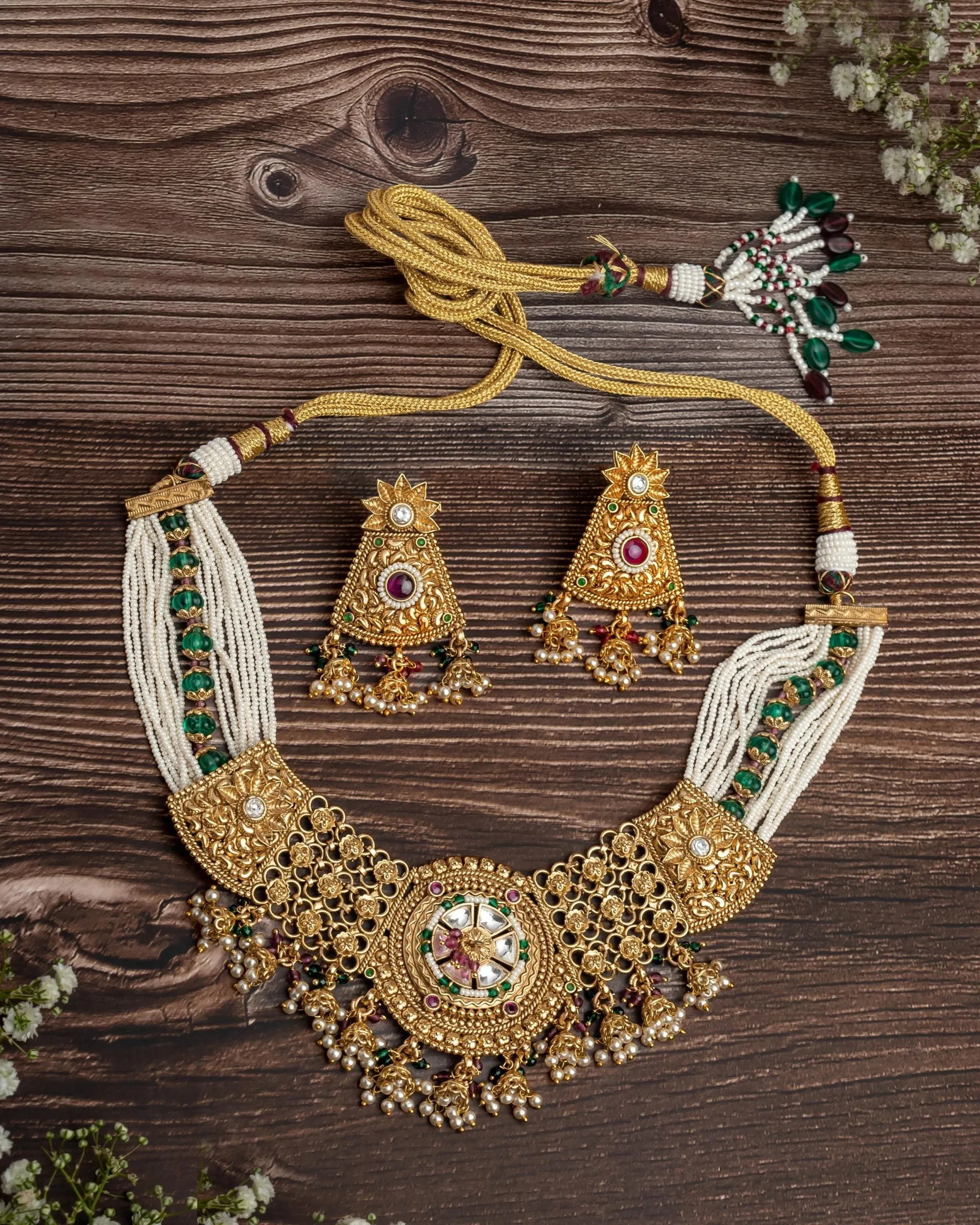 vivinia BY VIDHI MEHRA ISMAARH 2.0 Gold/Green/White Choker Necklace Set with Pair of Earrings