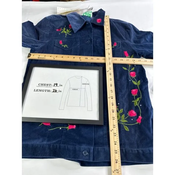 Vtg QVC Quacker Factory Womens Rose Velvet Jacket Sparkle Sz Small Blue