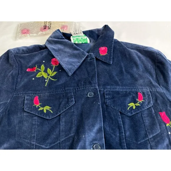 Vtg QVC Quacker Factory Womens Rose Velvet Jacket Sparkle Sz Small Blue