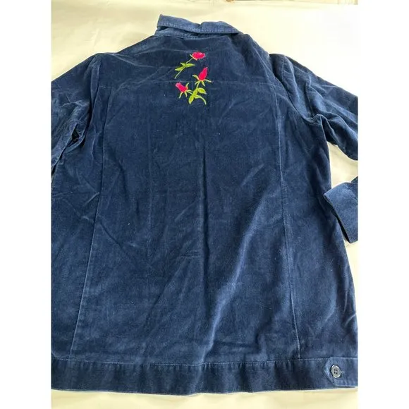 Vtg QVC Quacker Factory Womens Rose Velvet Jacket Sparkle Sz Small Blue
