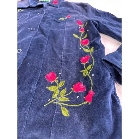 Vtg QVC Quacker Factory Womens Rose Velvet Jacket Sparkle Sz Small Blue