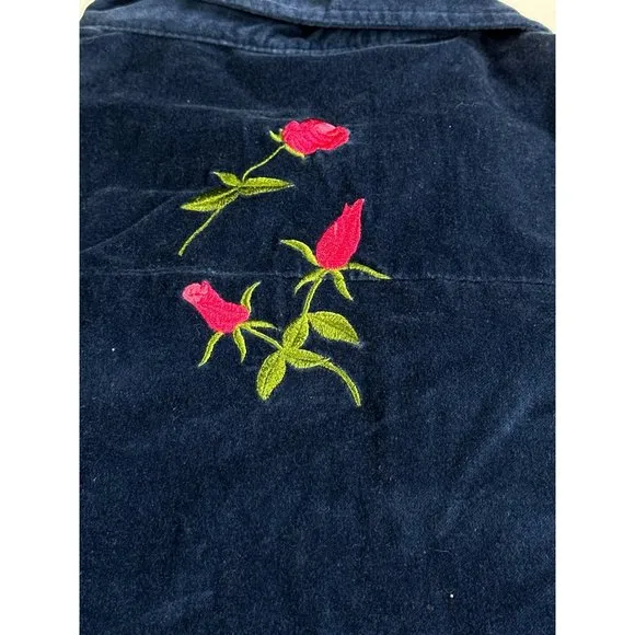 Vtg QVC Quacker Factory Womens Rose Velvet Jacket Sparkle Sz Small Blue