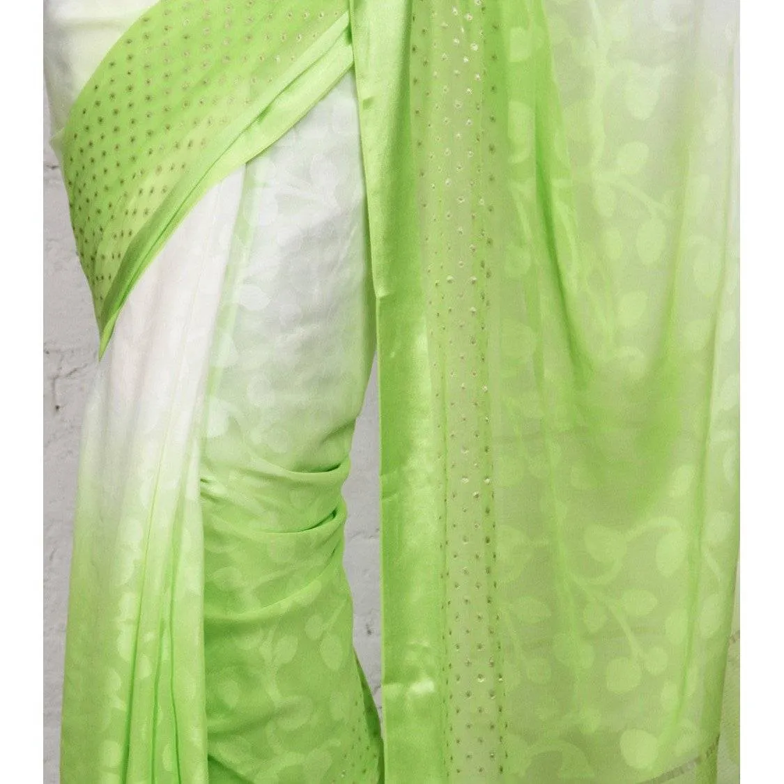 White & Lime Georgette Saree with Zari Border (100000043773)