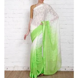 White & Lime Georgette Saree with Zari Border (100000043773)