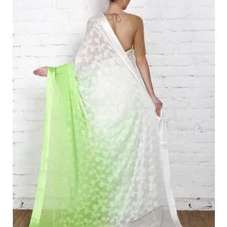White & Lime Georgette Saree with Zari Border (100000043773)