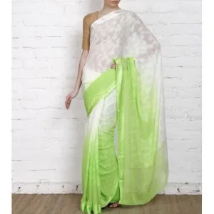 White & Lime Georgette Saree with Zari Border (100000043773)