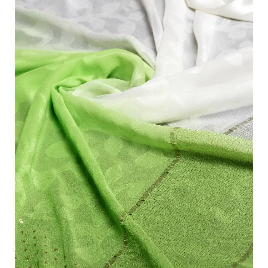 White & Lime Georgette Saree with Zari Border (100000043773)