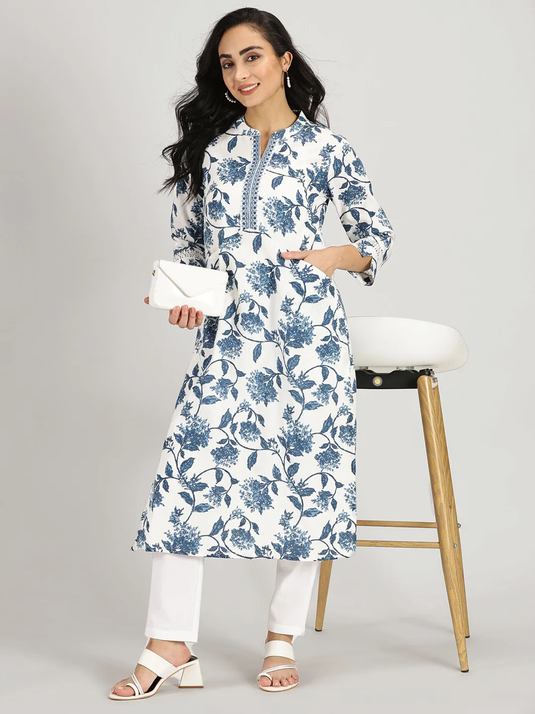 White-Blue Floral Print Kurta with Neck Embroidery